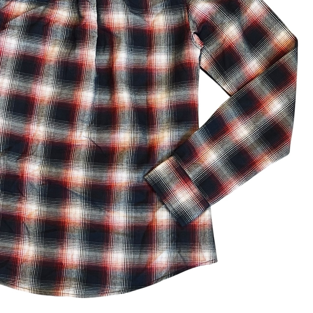 Dixxon Women’s Sz M Red Black Plaid Flannel Button Front Shirt Equalizer Casual - Picture 10 of 14